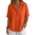 thumbnail image 4 of Dweltoz Blouses for Women Buttons Collared Elbow Half Sleeve Breathable Casual Athletic Tops V Neck Solid Athletic Shirts,Saffron S, 4 of 7