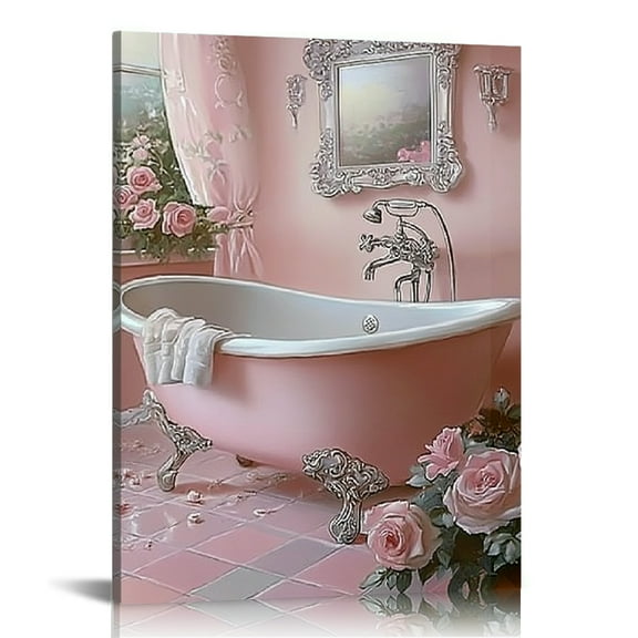 GooTPa Vintage Pink Bathtub Canvas Wall Art, Canvas Prints Wall Art for Living Room Bathroom Bedroom Office, Art Print Painting for Home Decorations - 12x16in