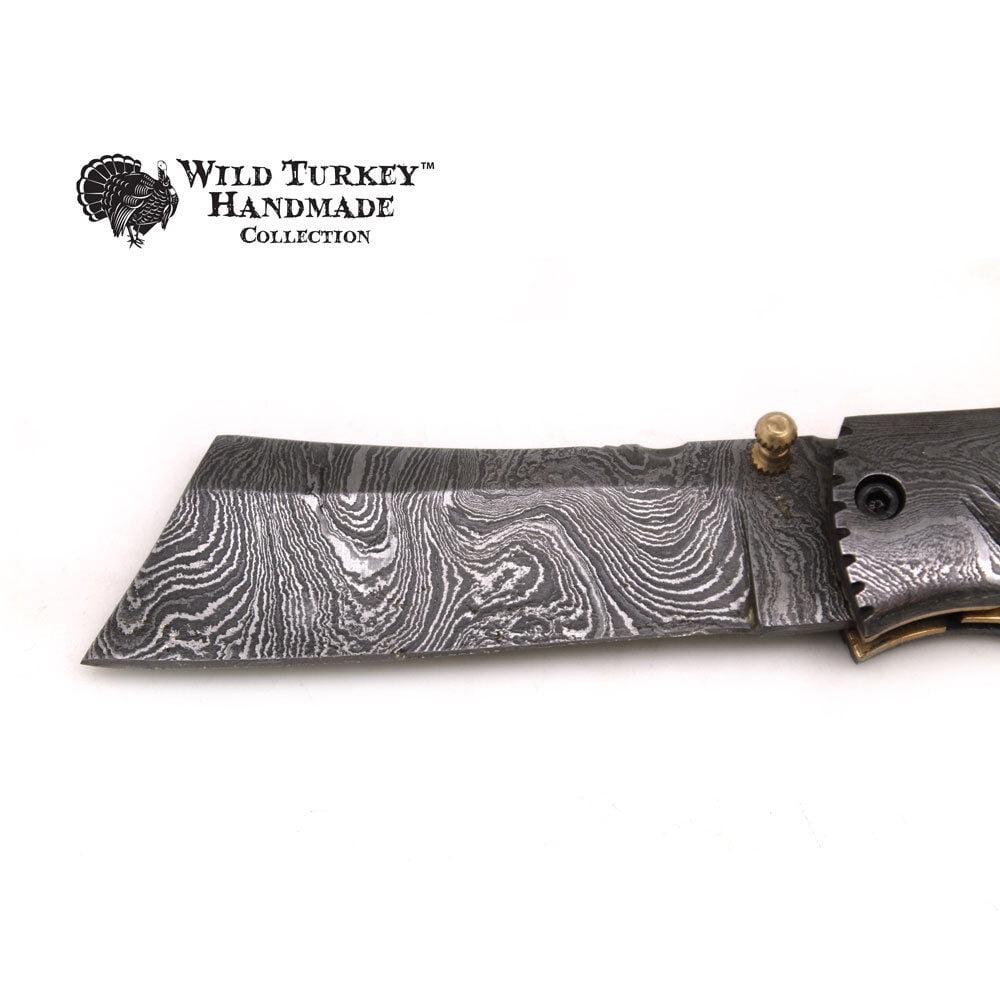 Wild Turkey Handmade Damascus Steel Collection Razor Style Folding Knife