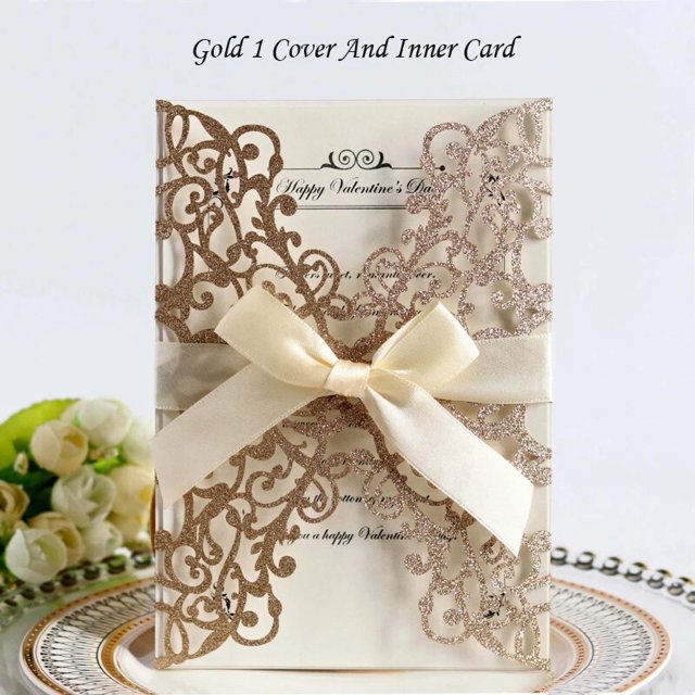 50 piezas de papel de purpurina de color azul, dorado y plateado, tarjeta de invitaciones de boda, personalizable, con sobre de cinta, decoración de boda