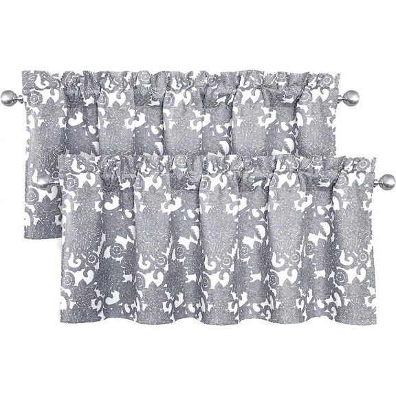 DriftAway Daisy Dahlia Blooming Flower Floral Lined Thermal Insulated Energy Saving Window Curtain Valance 2 Layers Rod Pocket 52 Inch by 18 Inch Plus 2 Inch Header Gray 2 Pack