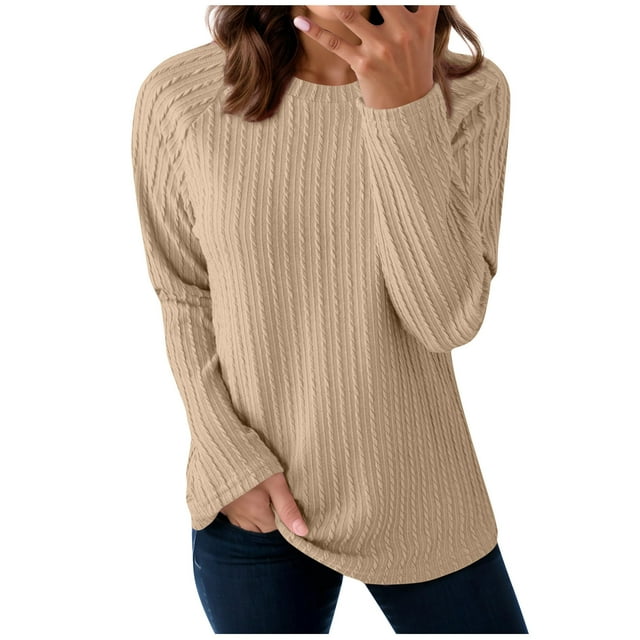 ABATAB Womens Casual Sweatshirts Long Sleeve Solid Color Crew Neck Textured Knit Sweater Loose Fit Pullover Tops