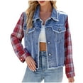 thumbnail image 2 of AUNVITO Women's Quilted Denim Jacket with Plaid Sleeves, Pockets, and Notched Collar for Autumn Winter Casual Outwear, 2 of 8