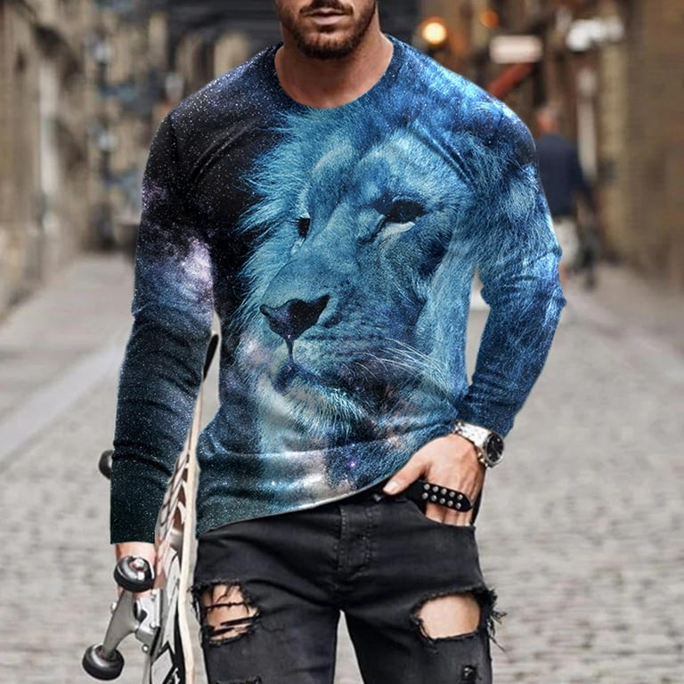 Jsaierl Mens Tops Fashion 3D Lion Animal Printed Casual Long Sleeve T-shirts for Men Graphic Tee Round Neck Pullover, Men's, Size: 2XL, Blue