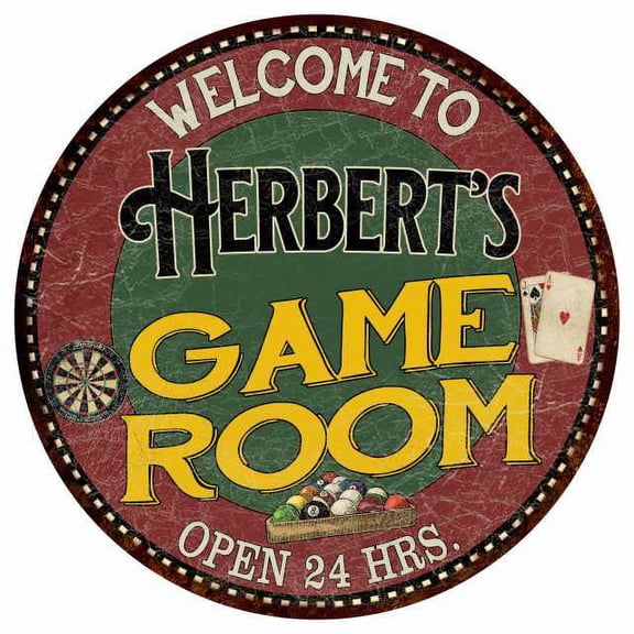 Herbert's Game Room 14" Round Metal Sign Bar Kitchen Red Wall Decor 100140032410