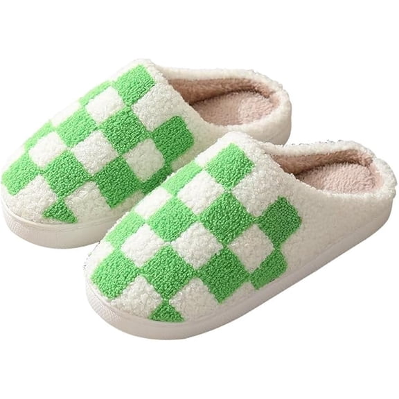 Checkered Slippers for Women and Men - Fuzzy House Slippers with Memory Foam, Comfy Plush Fluffy Indoor House Shoes, Cozy Warm Slip on Bedroom Slippers with Non-Slip Sole