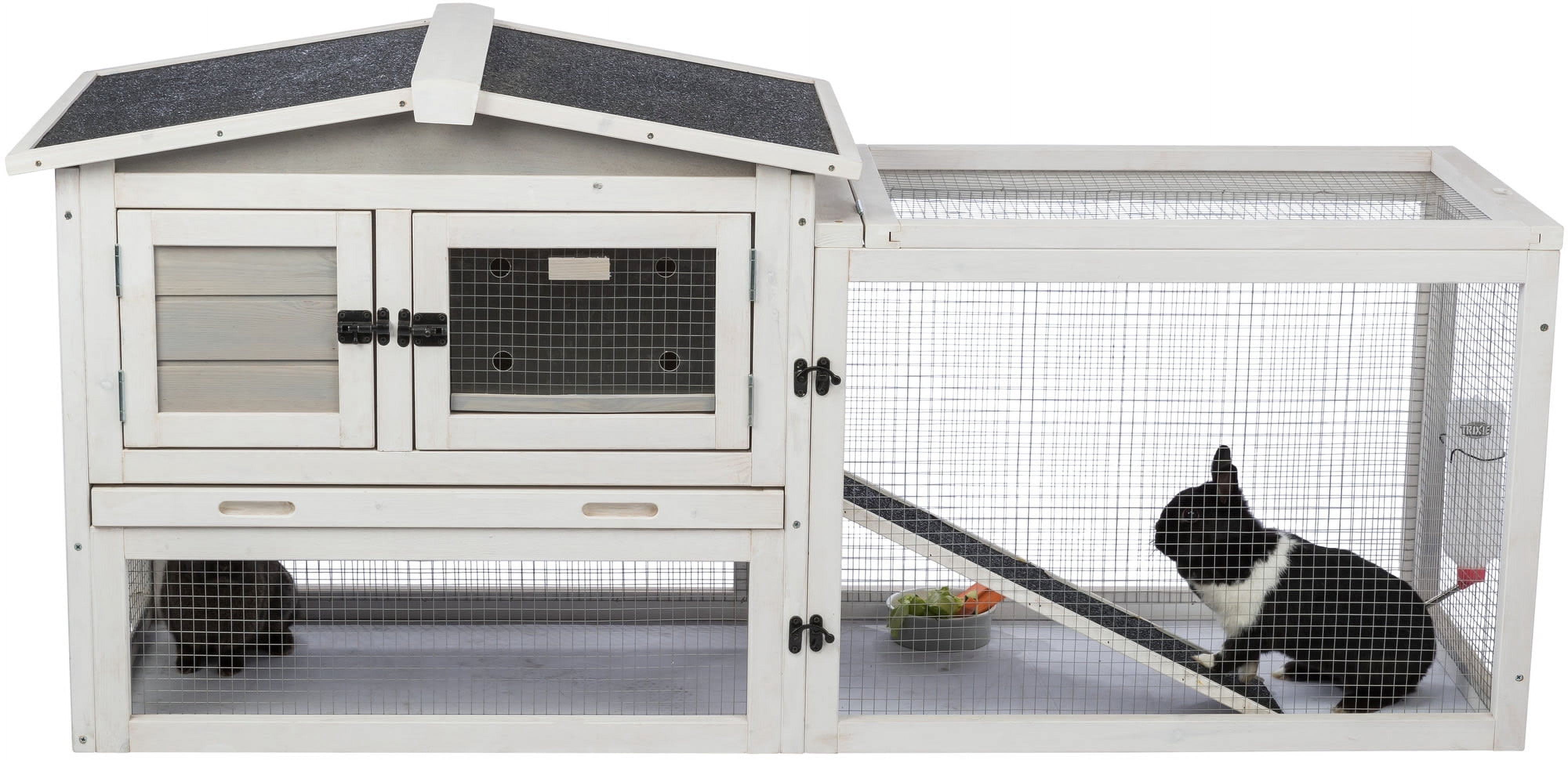 TRIXIE Weatherproof Outdoor 2-Story Wooden Small Animal Hutch with Large Run & Tray, Gray