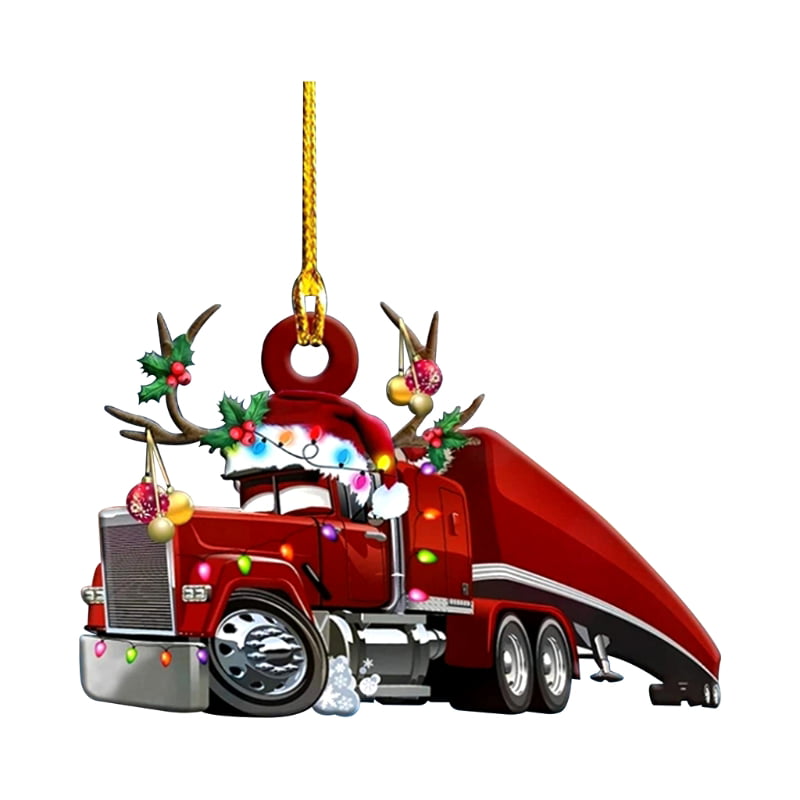 IRYNA Christmas Tree Hanging Ornaments Novelty Cute Car Fire Truck Digger Excavator Wooden Tag Pendant Xmas Party Decoration