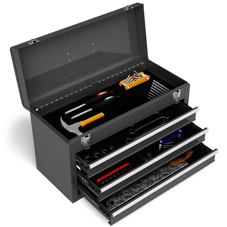 Costway Portable Tool Chest, Black Metal Storage Box, 3 Drawers