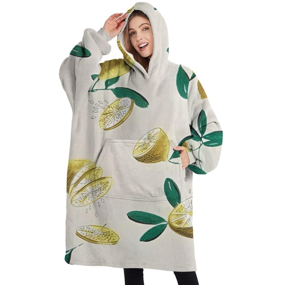 Oversized Wearable Blanket Hoodie,Yellow Lemon Fruit Slices Beige Pattern Sherpa Blanket Hoodie with Super Pockets,Super Warm Fuzzy Pullover for Women & Men