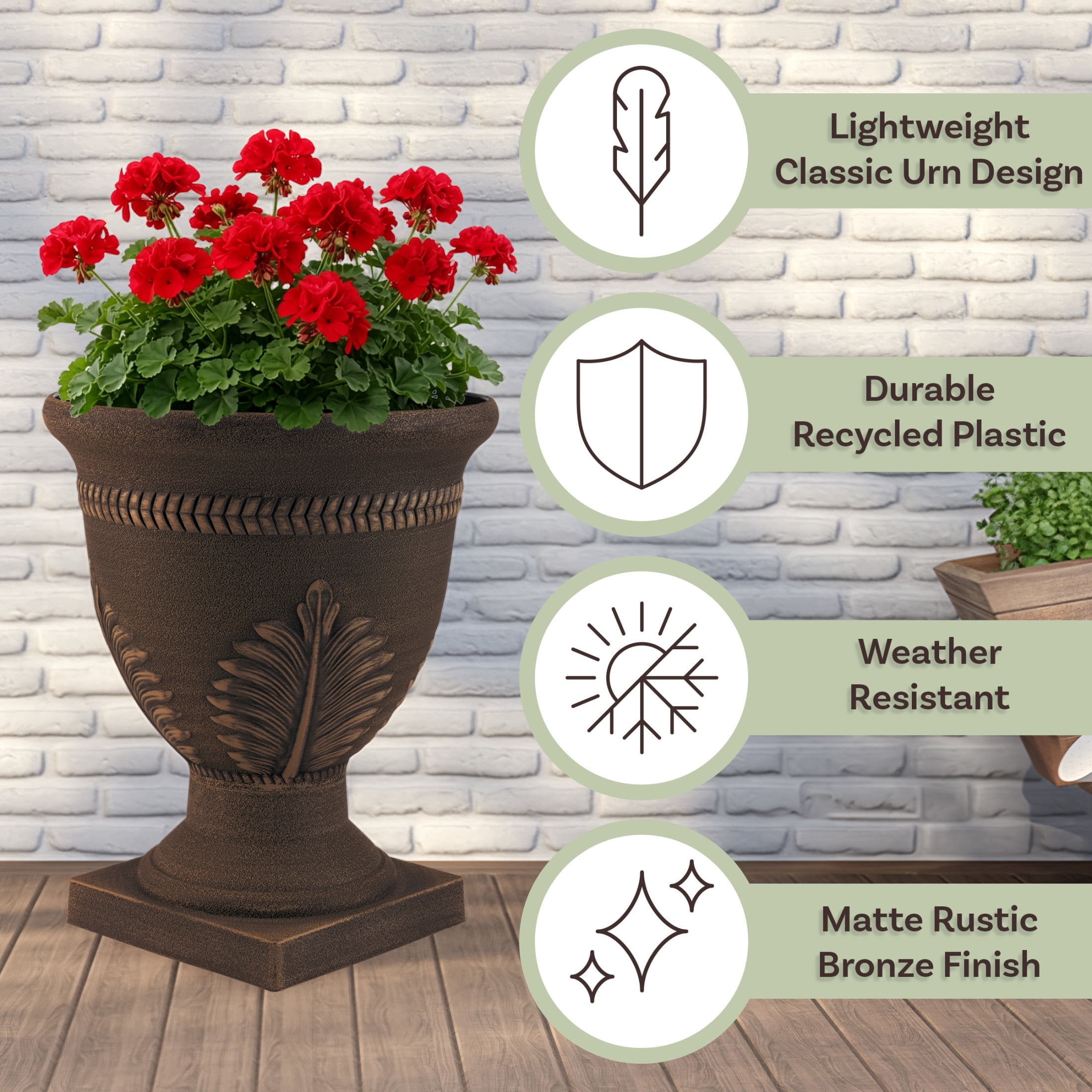 Pure Garden Outdoor Planter 2-Pack - 15.25x18.8in Large Plastic Urn Planters with Drainage, Bronze