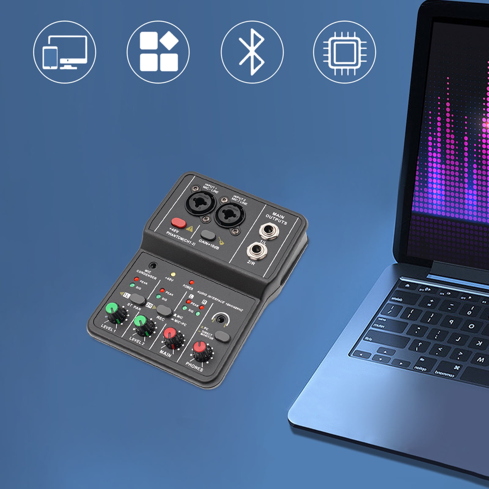 Compact 2-Channel Audio Mixer, 48V Phantom Power, Clear Indicators, Anti-Slip Pads for Smooth Operation in Studio and Events