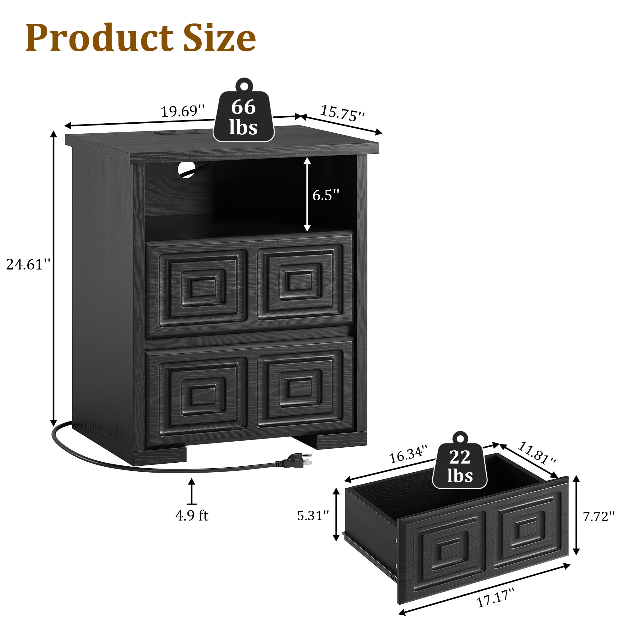 Aufeile Farmhouse Nightstand with Charging Station, Wood Nightstand with 2 Drawers & Open Shelf, Bedside Table for Bedroom, Small Side Table Stand for Living Room, Black