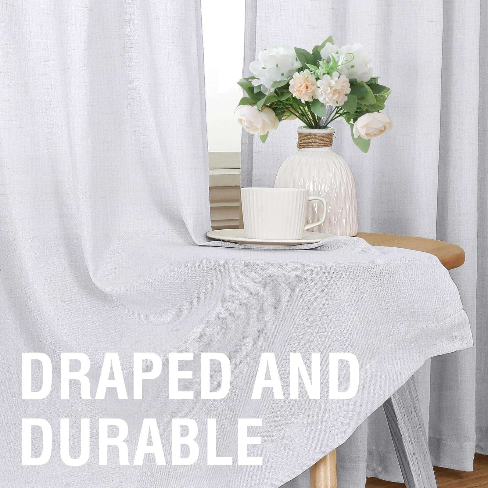 Turquoize Classic Natural Linen Light Filtering Semi Sheer Curtains Back Tab 2 Panels for Bedroom，52" x 72"，White