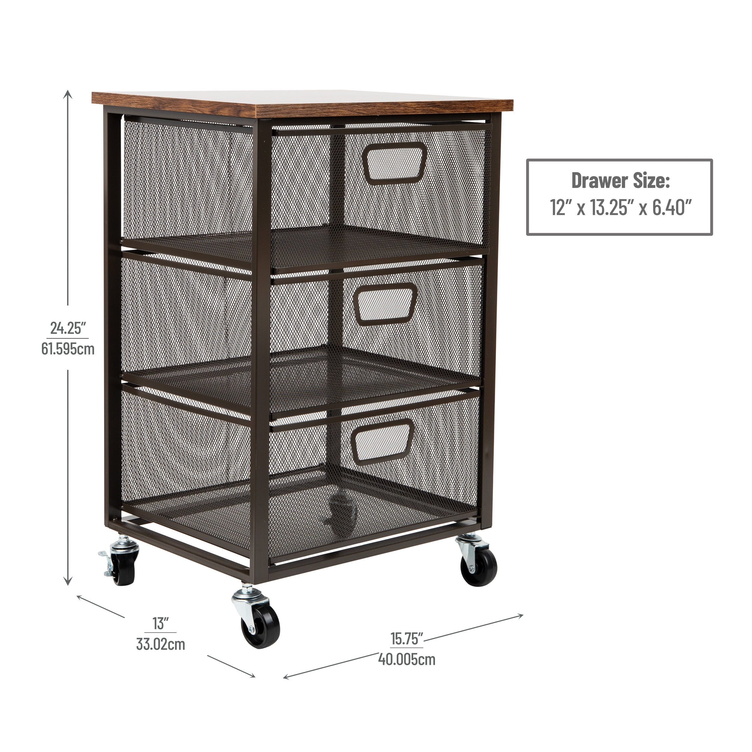 Mind Reader 3-Drawer Rolling Storage Cart, Office Organizer with Wood Top, Multipurpose Portable Cabinet with Wheels, Metal, Black
