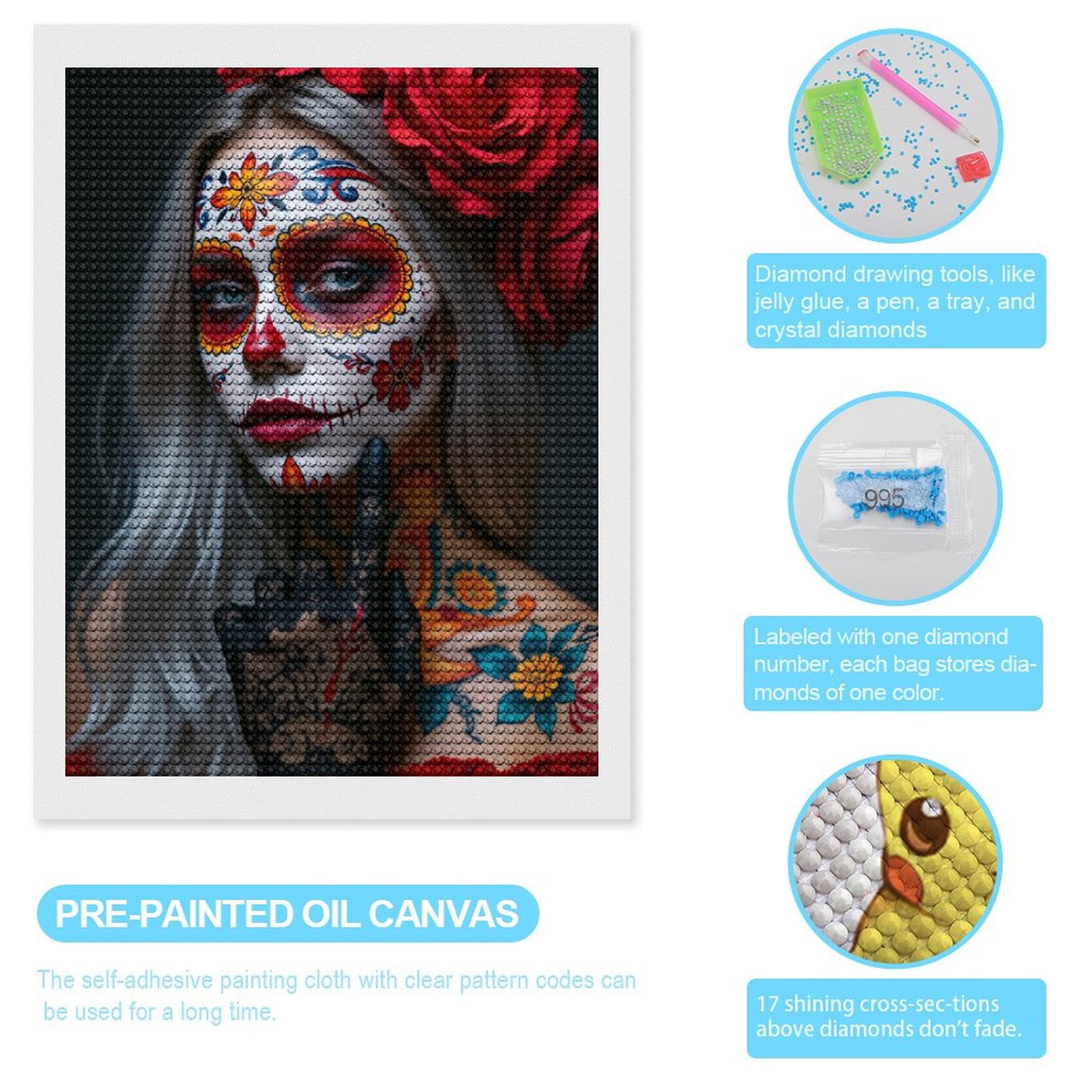 Diamond Art Kits for Adults, Colorful Face Paint Floral Art 5D Diamond Painting Kits for Adults Beginners, DIY Full Drill Diamond Painting, Gem Art and Crafts 12x16