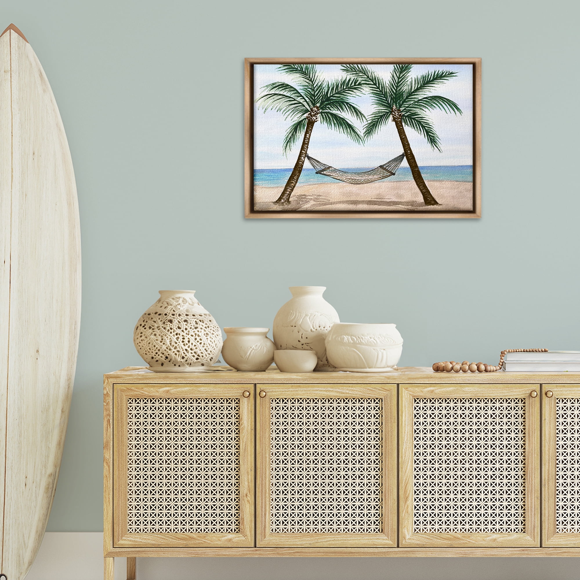 Stupell Industries Hammock Between Palms Landscape Painting Brown Floater Framed Canvas Art Print Wall Art, 31 x 21
