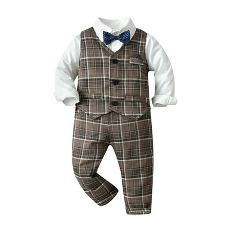 

Kids Actwear Toddler Boys Long Sleeve T Shirt Tops Plaid Vest Coat Pants Gentleman Suit Set