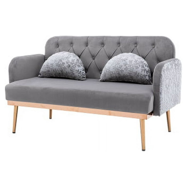 55 Small Velvet Couch with 2 Moon Shape Pillows,Twin Size Loveseat Accent  Sofa with Button Tufted Backrest and Golden Metal Legs,Upholstered Living