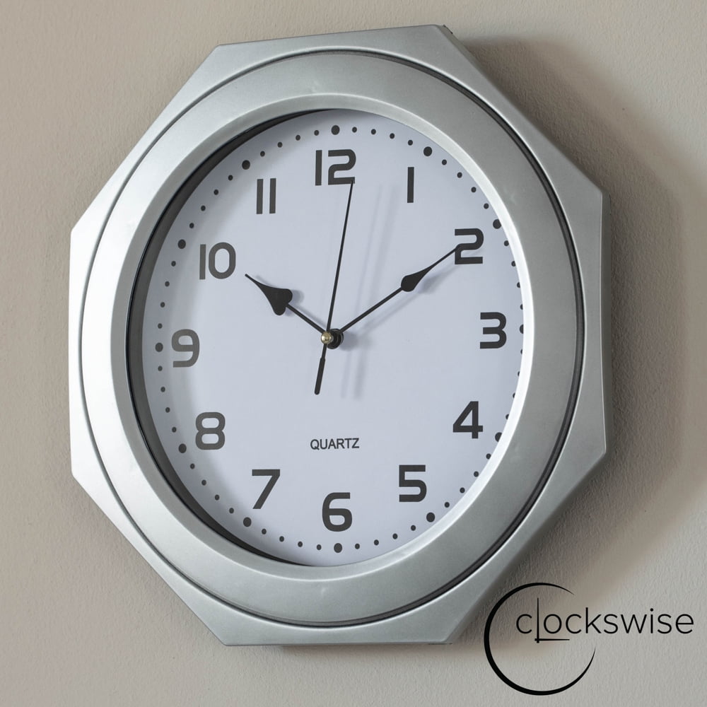Clockswise 12-in Non-Ticking Octagon Plastic Analog Wall Clock - Elegant Decorative Accent for Home Décor in Bedroom, Bathroom, Living Room, Dining Room, Entryway, Hallway, Kitchen or Office, Silver