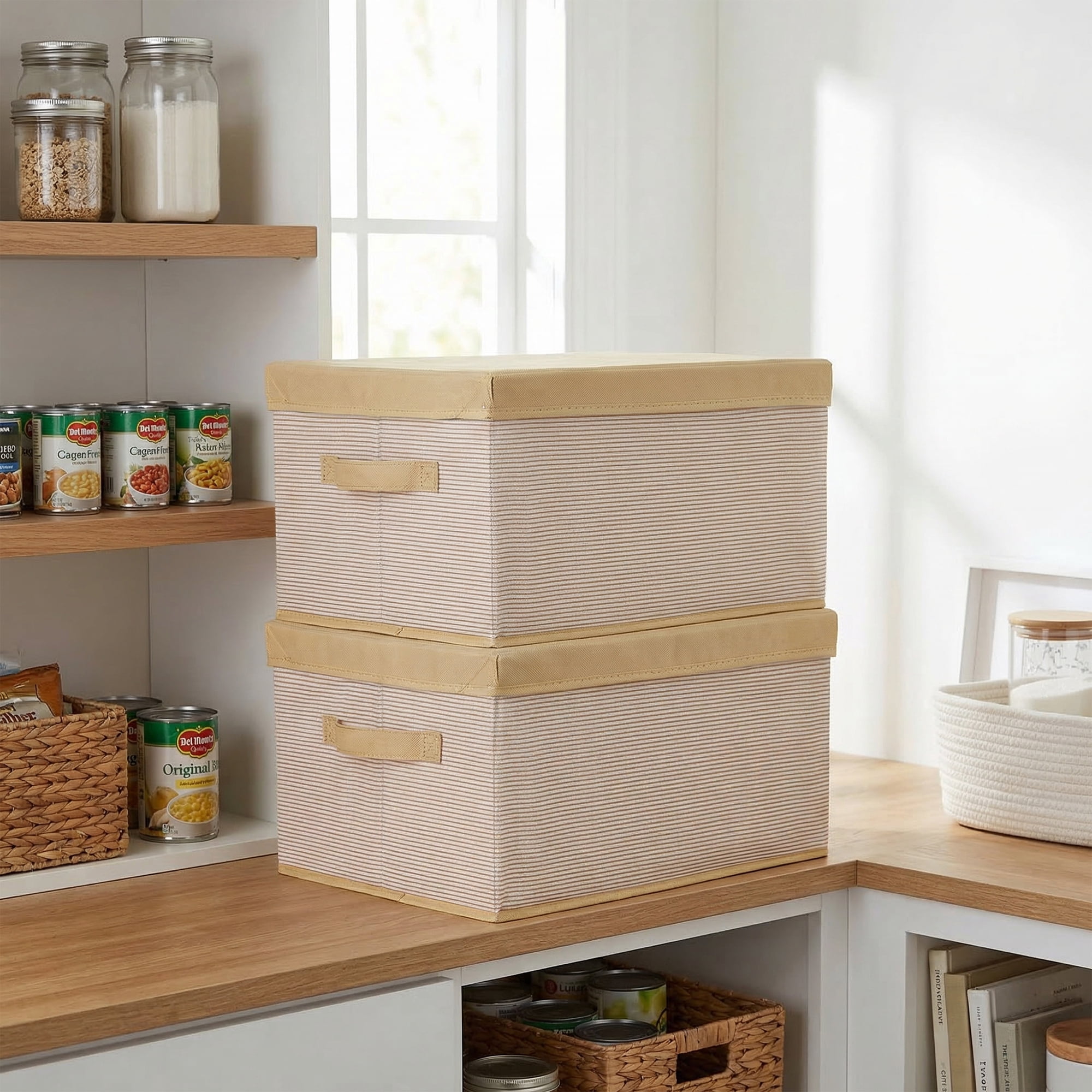 Unique Bargains Fabric Storage Bin with Handles and Lid Coffee 13.8*11*7.1in