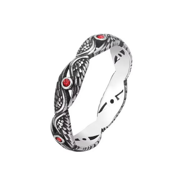 PAMTIER Men's Stainless Steel Vintage Feather Leaf Wrap Biker Ring Red Cubic Zirconia Inlay Punk Style Angel Wing Statement Wedding Band Size 7