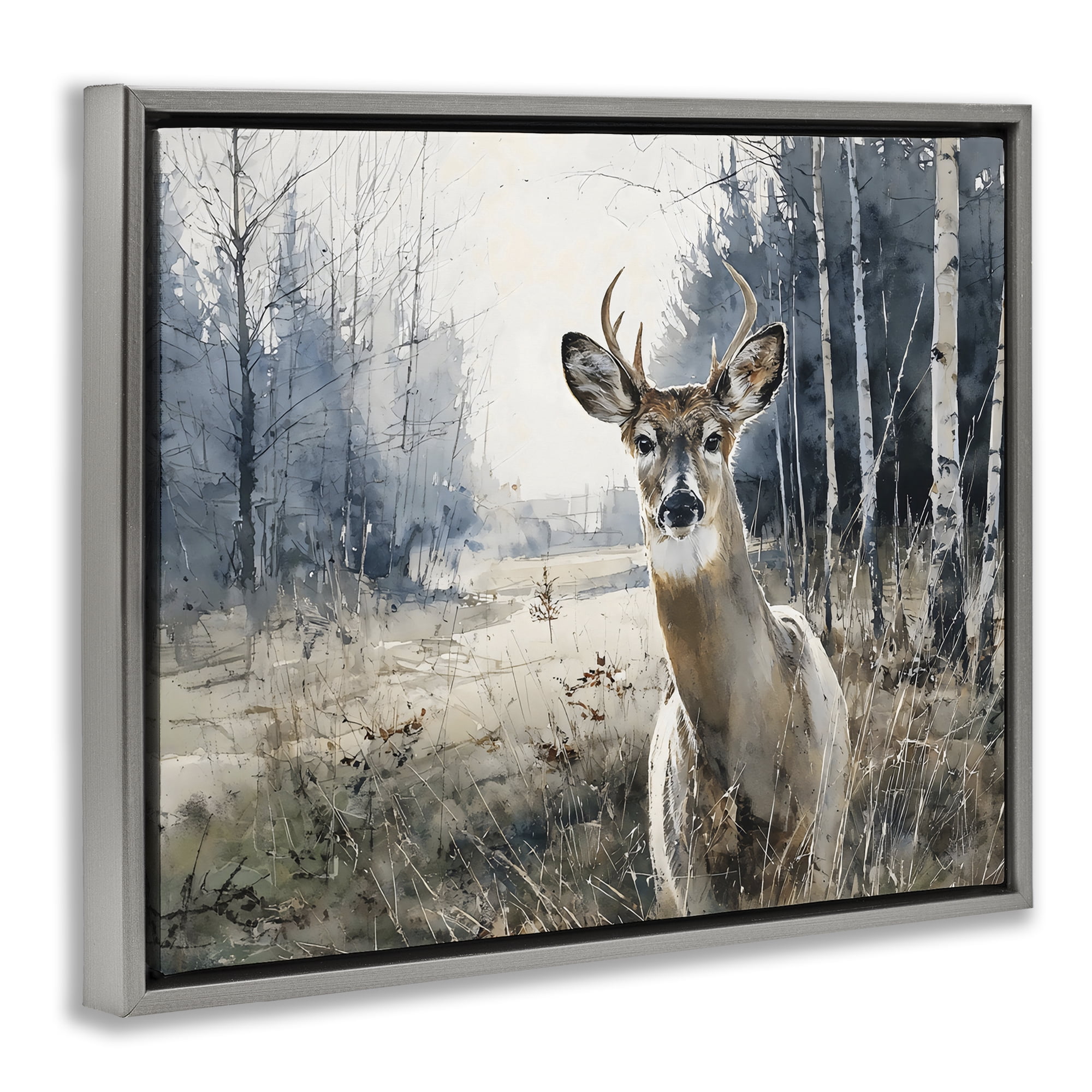Stupell Industries Deer in Winter Wilderness Gray Framed Floater Canvas Wall Art, design by Franklyn Gregory