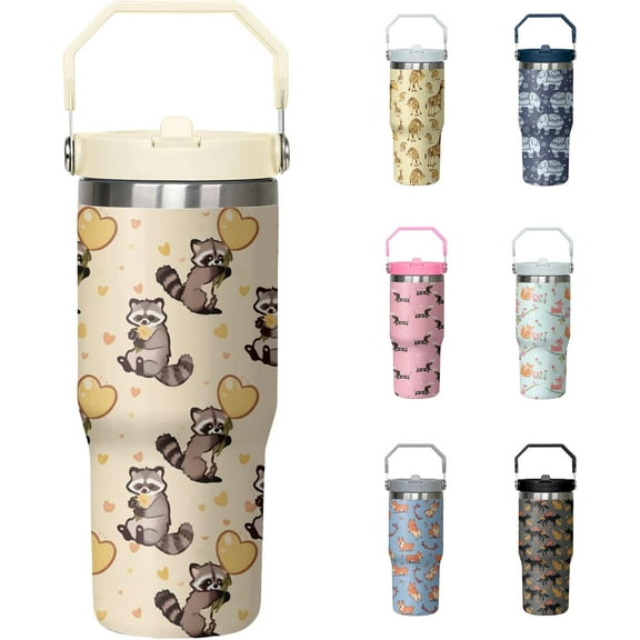 30oz Cute Raccoon Tumbler with Handle and Flip Straw, Stainless Steel Insulated Cup, Travel Coffee Mug Water Bottle, Birthday Mothers Day Chritmas Gifts for Women Animal Lovers
