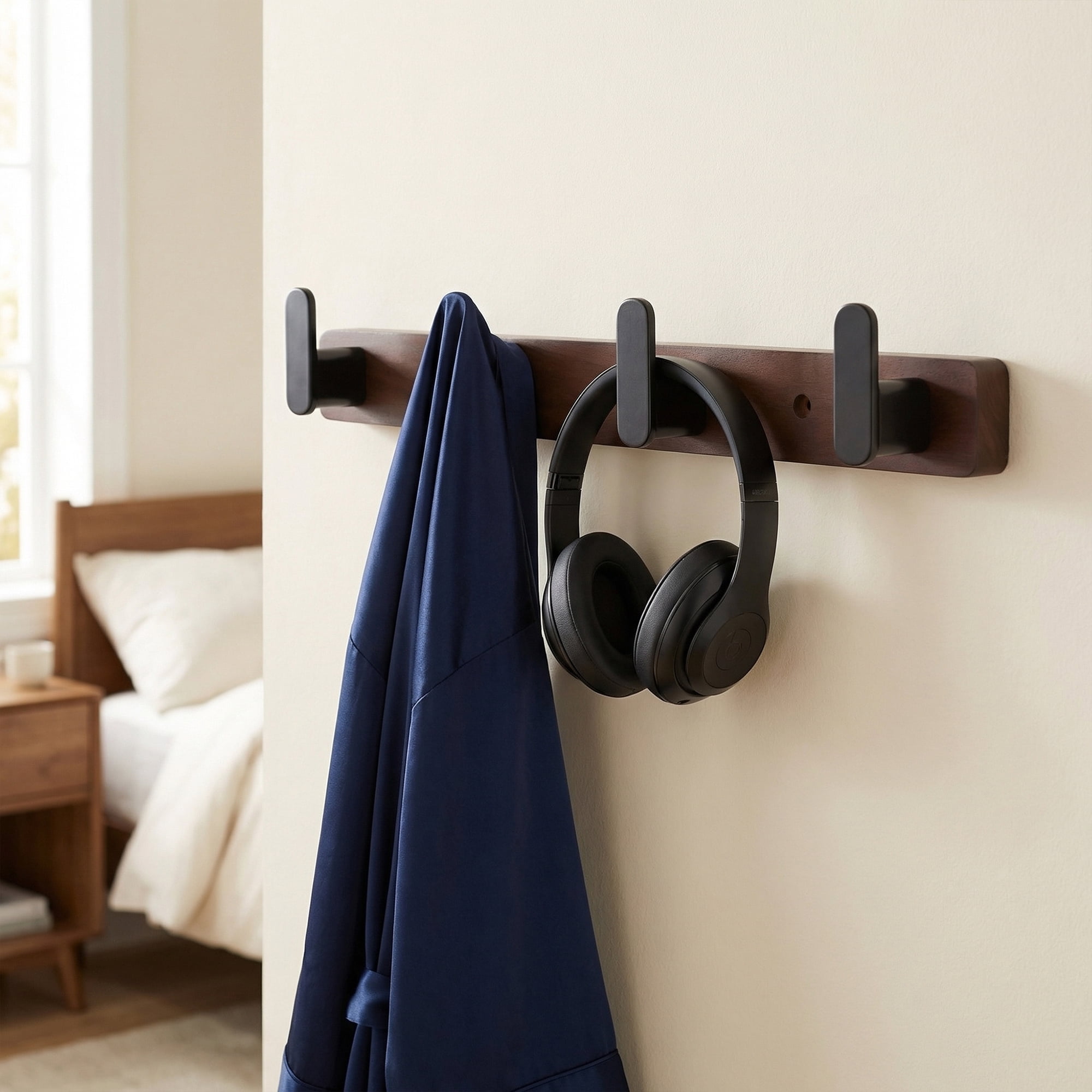 Unique Bargains Coat Rack Wall Mount Aluminum Wood 4 Hooks for Hanging Entryway Black