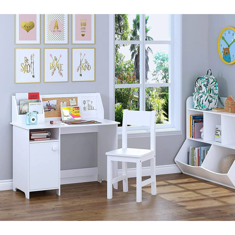 Utex Kids Desk and Chair Set, Study Desk for Kids with Storage Bins, Wooden Children Study Table, Student Writing Desk for Bedroom & Study Room, White