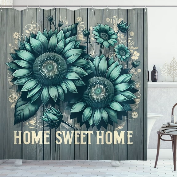 Ambesonne Teal Shower Curtain, Aquamarine Tone Sunflowers, 69"Wx75"L, Seafoam Dark Sea Green