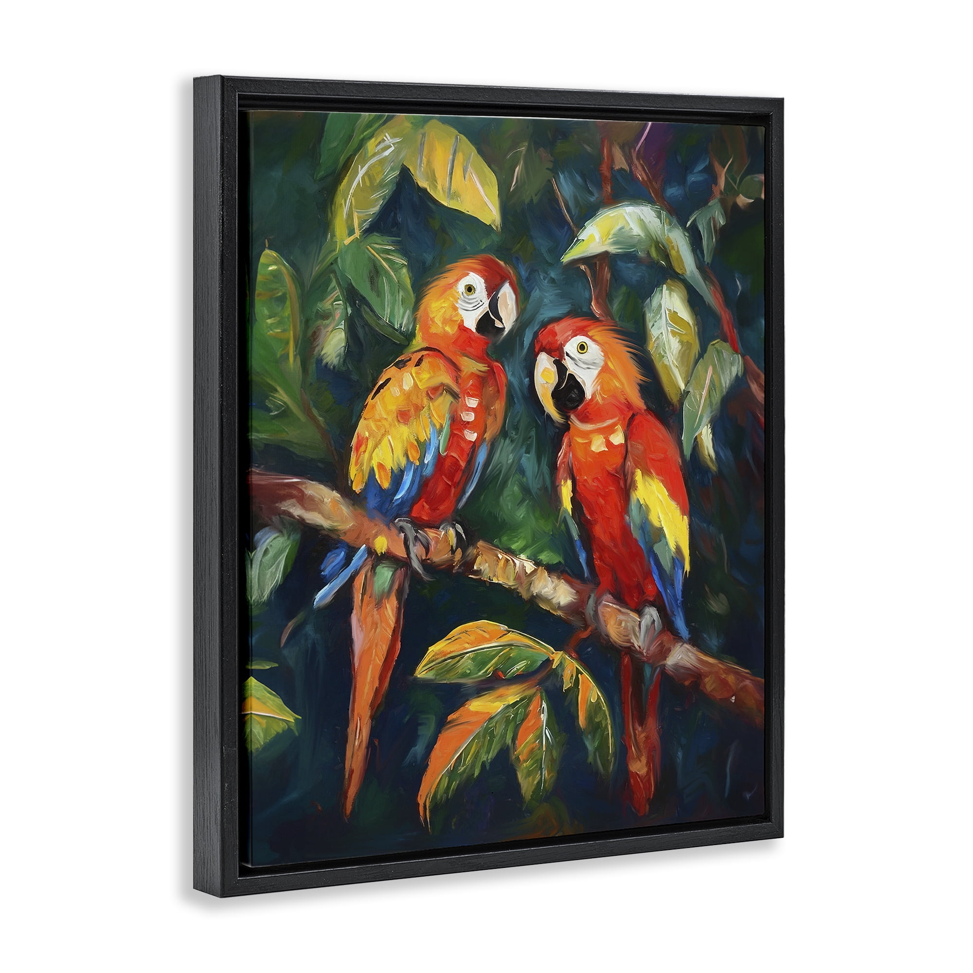Stupell Industries Parrot Pair on Branch Animals & Insects Painting Black Floater Framed Canvas Art Print Wall Art, 17 x 21