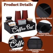 Topekada Coffee Bar Organizer and Vintage Signs, Wood Coffee Station Accessories with Removable Dividers, 4 Compartments Coffee Bar Organizer for Countertop Caddy, Fit Pods Condiment Syrup Tea Cups