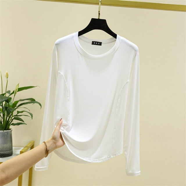 Pijama de manga larga para mujer, ropa interior de algodón con cuello redondo y color liso