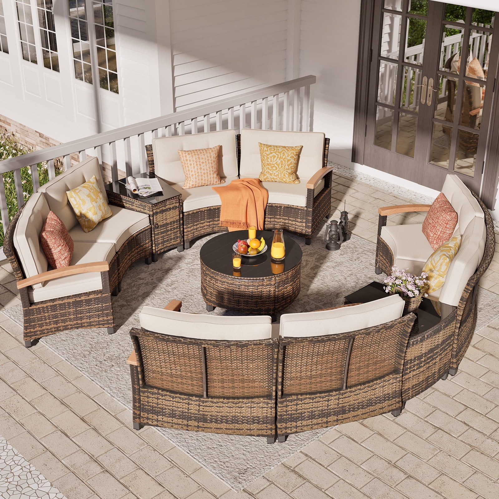 MEISSALIVVE 11 Piece Outdoor Patio Furniture Set, Half-Moon Curved Rattan Conversation Set with Wood Armrests, Coffee Table & 2 Side Table(Beige)