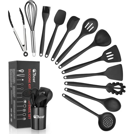 

Kitchen Silicone Utensil Set 13 Pcs Full Silicone Handle Heat Resistant Cooking Utensils BPA Free Non Toxic Non-stick Cookware Turner Tongs Spatula Spoon Brush Sets with Holder Black