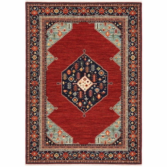 HomeRoots 509247 2 x 3 ft. Red Blue Orange & Ivory Oriental Power Loom Stain Resistant Rectangle Area Rug with Fringe