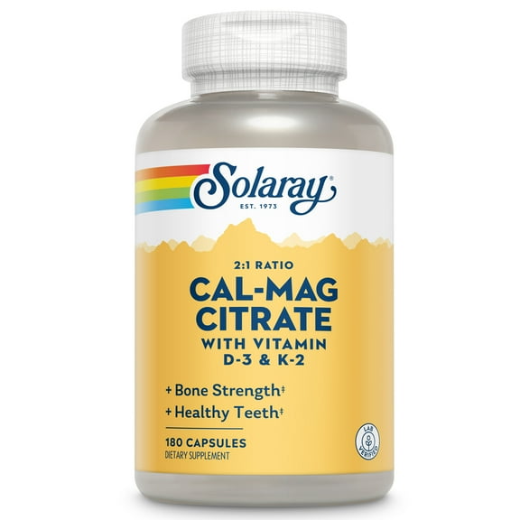 Solaray Calcium & Magnesium Citrate 2:1 w/ Vitamin D3 & K2, Healthy Bone, Muscle & Nerve Support, 30 Serv, 180 Capsules