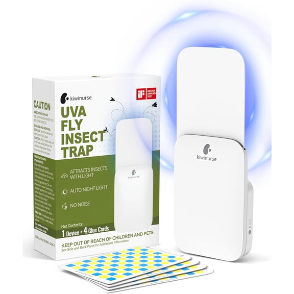 Kiwinurse Flying Insect Indoor Plug-in (1 Device + 4 Refills), Safe UVA Light Indoor Homes for Fruit Flies, Gnats, Flies, Moths