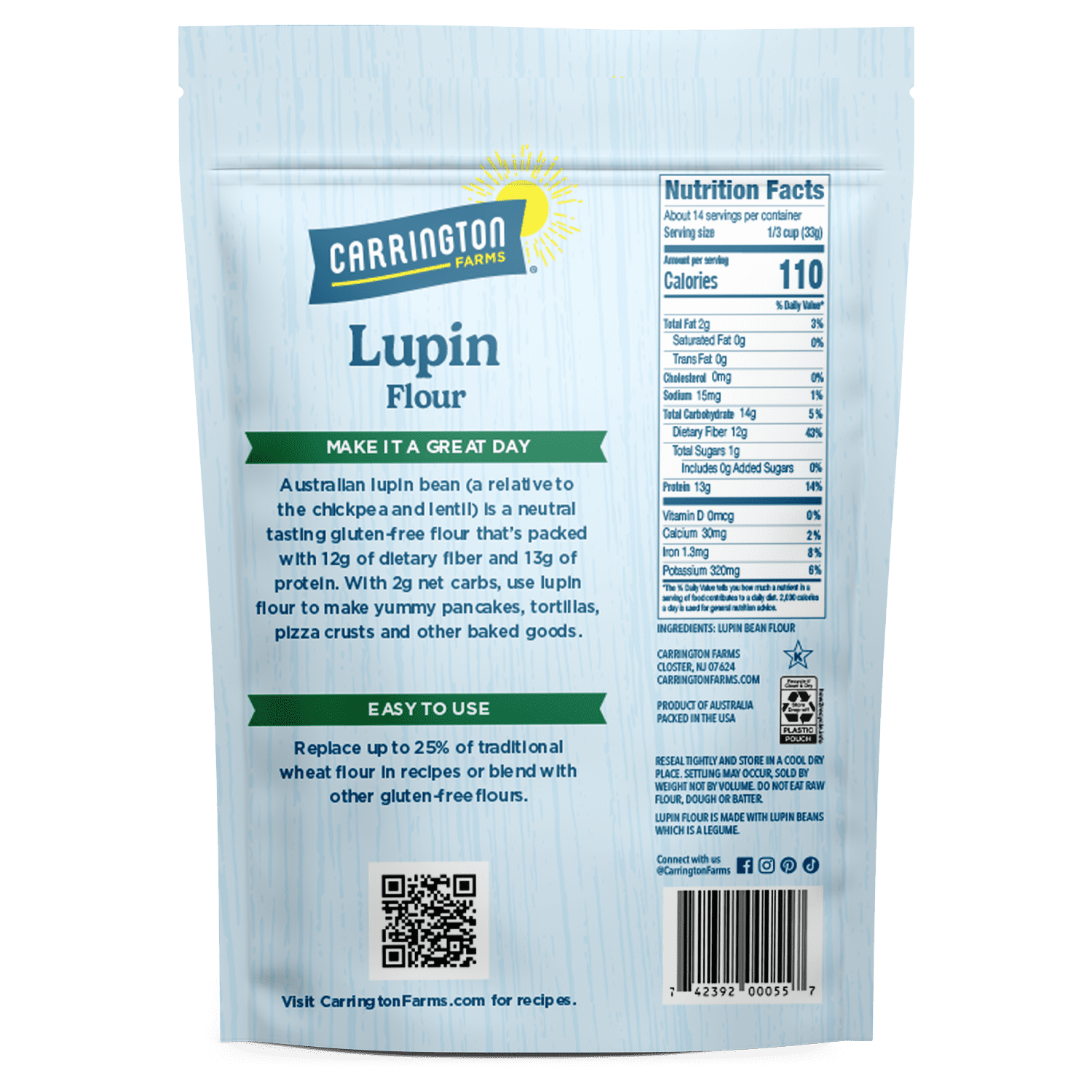 (2 pack) Carrington Farms Lupin Flour Gluten-Free, 16oz All-Purpose Flours