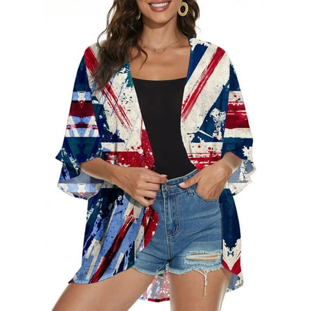 

Simplmasygenix Lightweight Cardigan for Women 4th of July 3/4 Sleeve Summer Fashion Bikini Cover up American Flag Beachwear Loose Tops Shirt Blouse