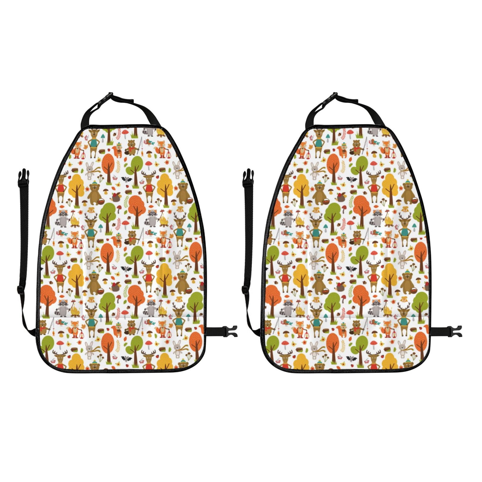 Kdxio Animals Forest Print 2 Pack Car Kick Mat Seat Cover Back Protector Mat with Pockets for Organizer Backseat Protector and Storage Anti Kick Pad for Vehicles