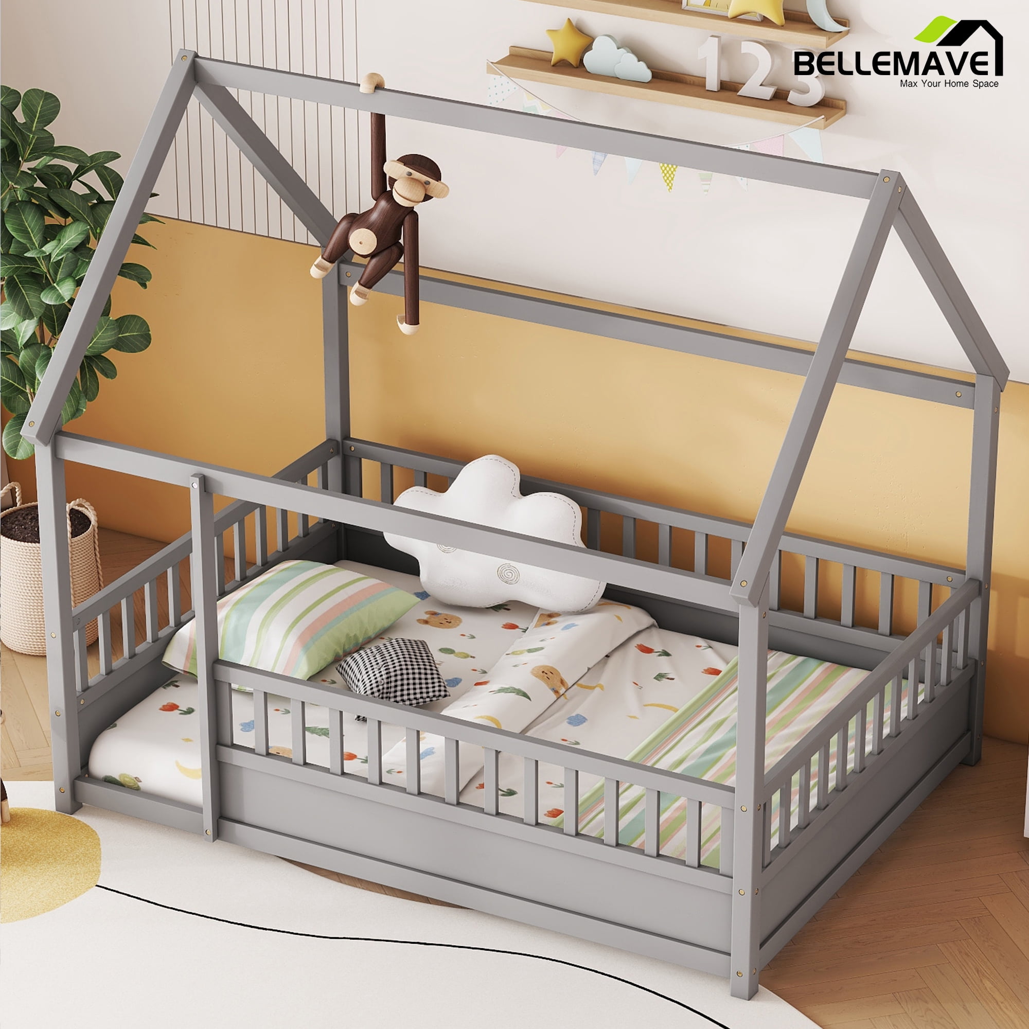 Bellemave Full Size House Floor Bed with High Fence Guardrails Wooden Playhouse Bed Frame  Floor Bed with Roof Montessori House Bed Frame, (Full, Gray)