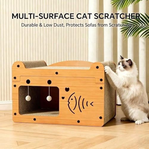 Cat Scratcher House, 2 in 1 Cat Bed and Cave with Hanging Ball Toys, Wooden Scratching Board for Kittens and Adult Cats