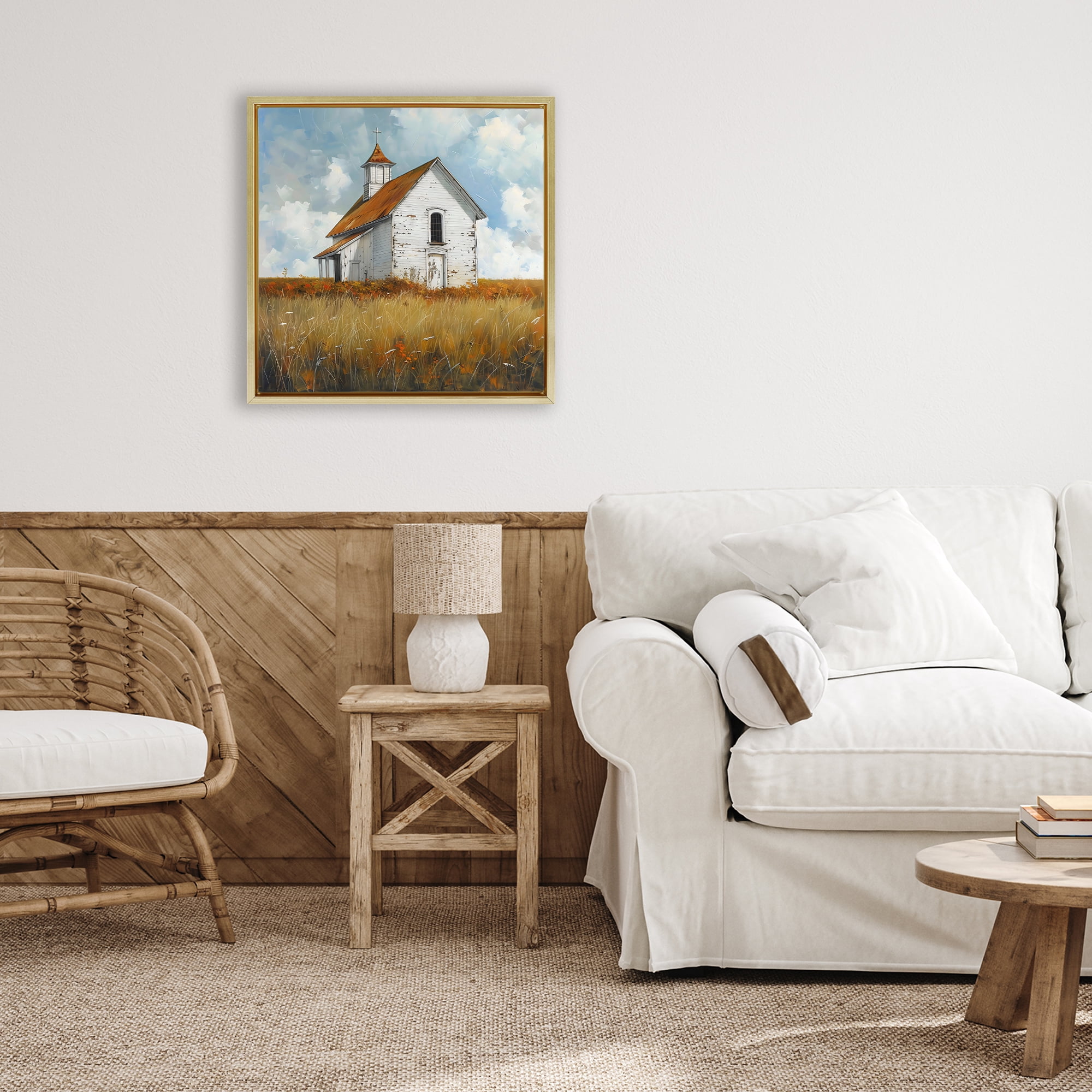 Stupell Industries Rustic Church in Field Gold Framed Floater Canvas Wall Art, design by Creative Studio