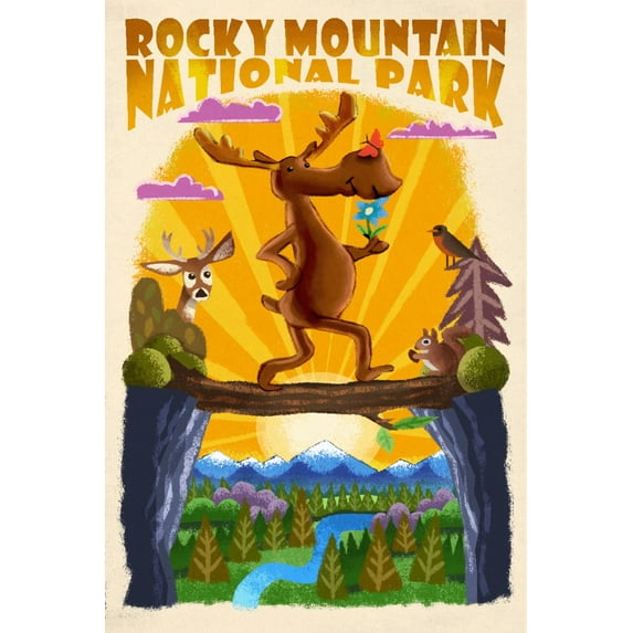 Rocky Mountain National Park, Colorado, Moose, Mid Century Inspired (36x54 Giclee Gallery Art Print, Vivid Textured Wall Decor)