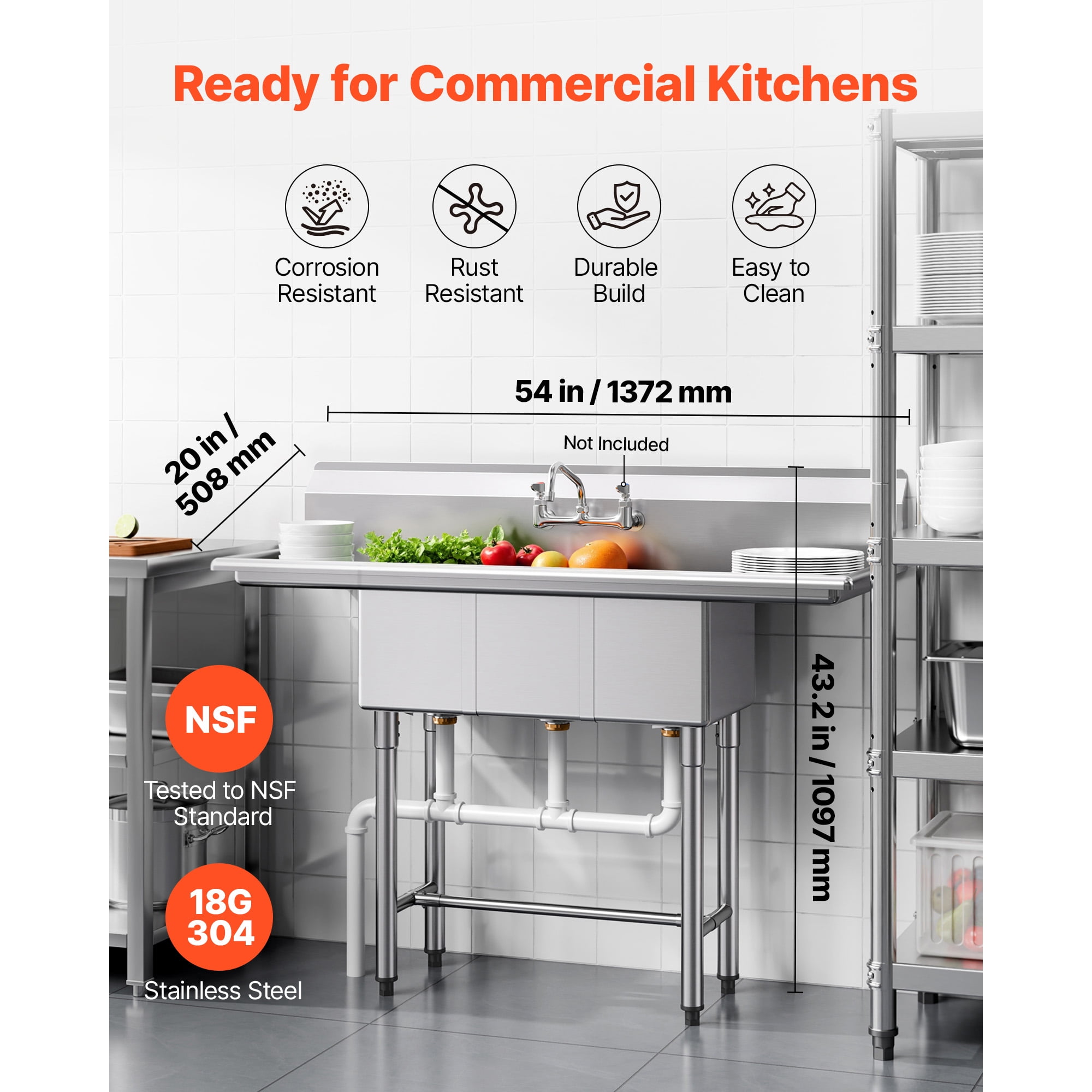 KFFKFF 3-Compartment Commercial Sink, 304 Stainless Steel, 18-Gauge, 10" x 14" x 10" Bowls, Dual Drainboards, 7" Backsplash, H-Frame, Black, (1 Unit)