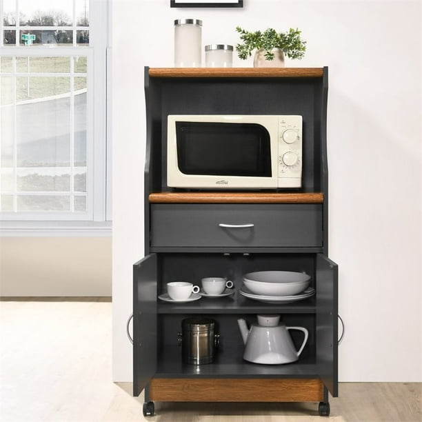 Pemberly Row Wood Microwave Kitchen Cart with Open Storage in Gray Oak