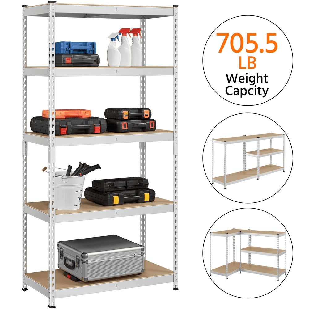 Alden Design 5-Shelf Boltless & Adjustable Steel Storage Shelf Unit, Silver, Holds up to 705 lb Per Shelf, 2 Pack
