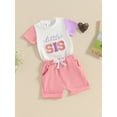 thumbnail image 3 of Bagilaanoe 2pcs Toddler Baby Girl Shorts Set Short Sleeve Letter Embroidery T Shirt Tops + Shorts 6M 12M 18M 24M 3T 4T 5T Kids Casual Summer Clothes, 3 of 7